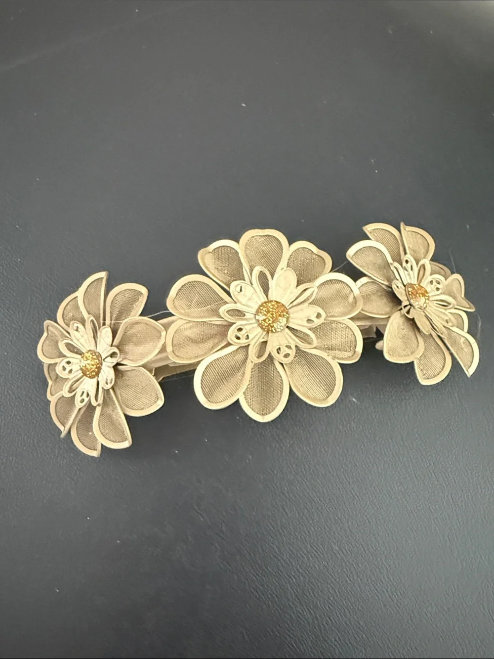 Floral Trifold Hair Barrette - Beige Gold Flower hair Clip